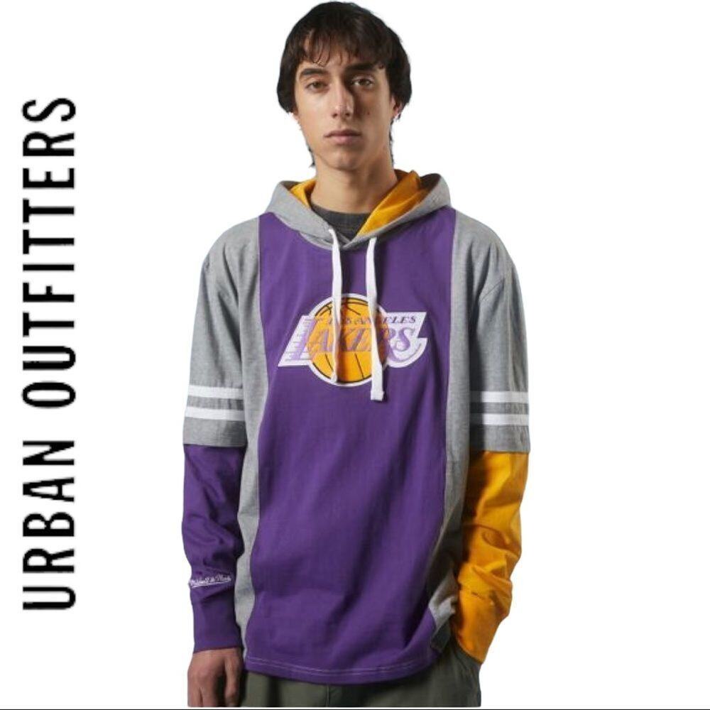 NEW Mitchell & Ness Los Angeles Lakers NBA Hooded Long Sleeve Shirt Tee S